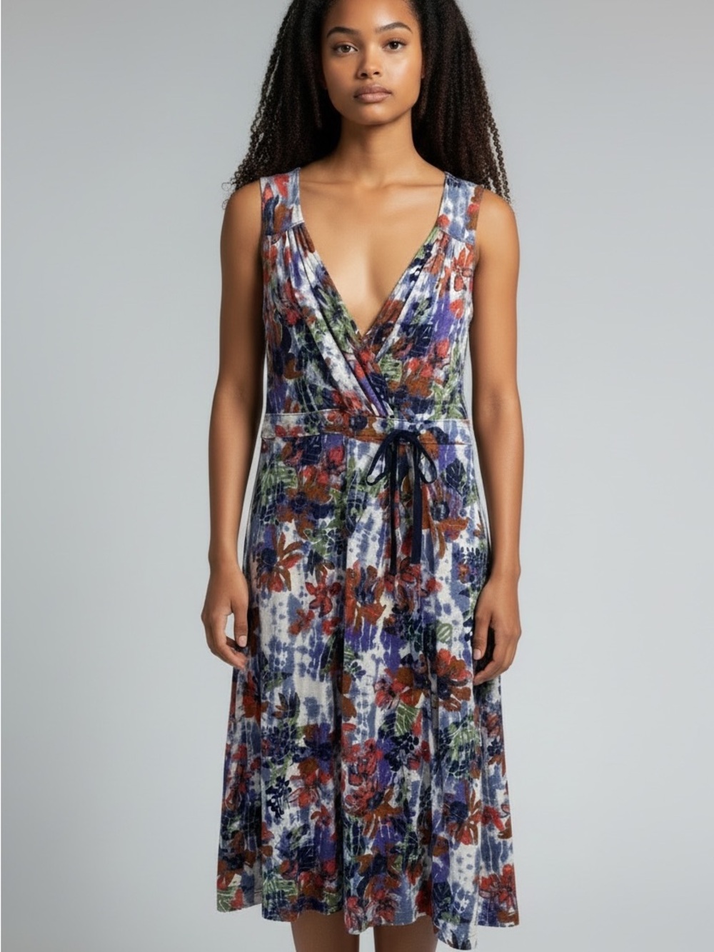 Eddie Bauer NWOT Multicolor Floral Midi Dress with Tie, ,100% Soft Cotton